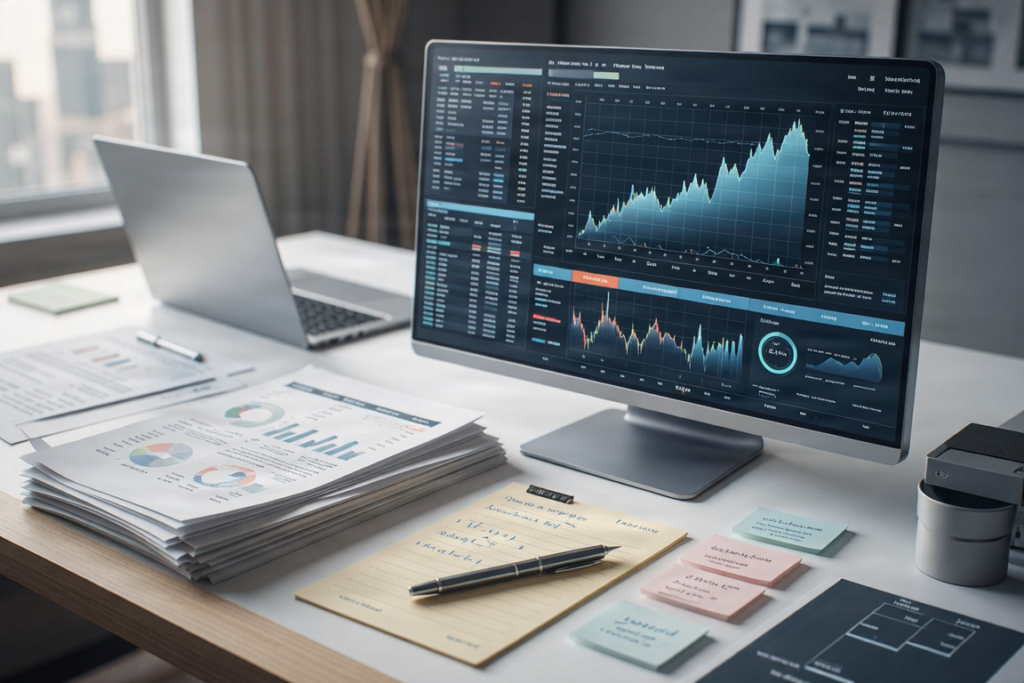 Composición asimétrica de informes financieros y pantallas de análisis.