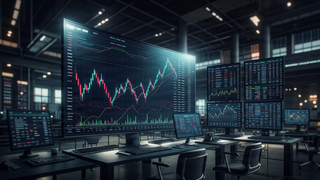 Panorámica de mercados financieros con gráficos y fondo oscuro.