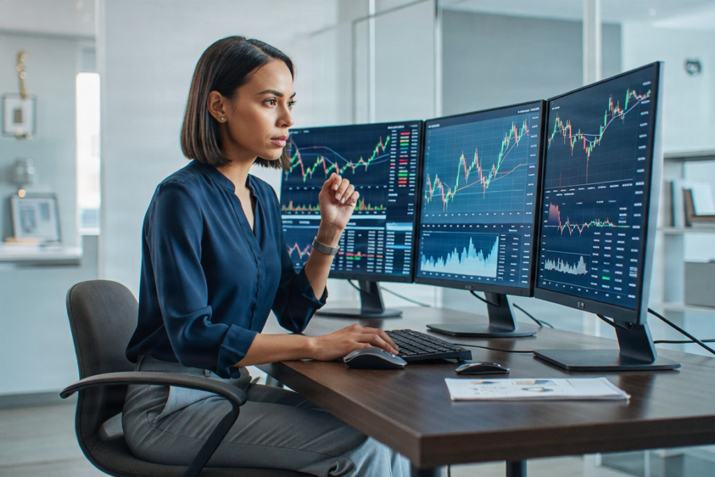 Persona analizando gráficos financieros en un entorno profesional.